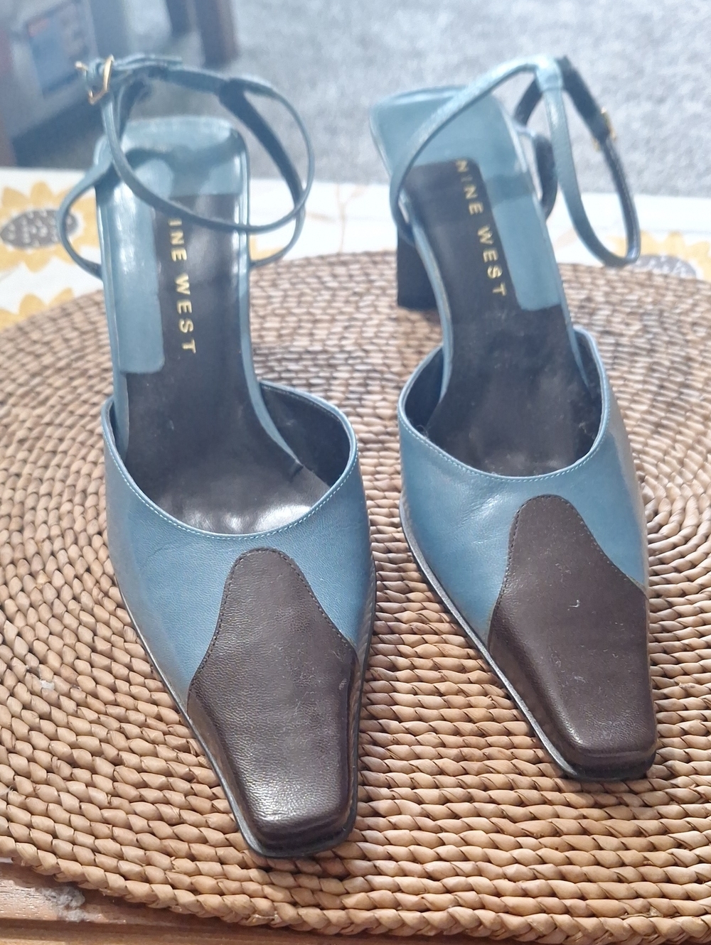 Nine West Blue and Black Two-Tone Ankle-Strap Block Heels